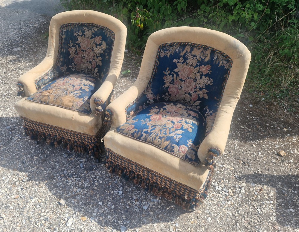 Pair of French mahogany frame upholstered armchairs.  View VII