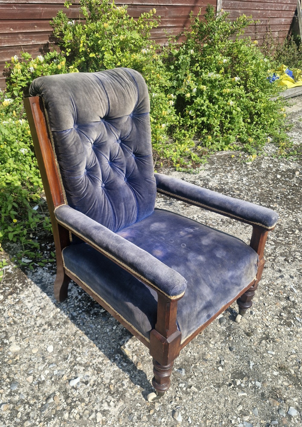 Good sized mid Victorian mahogany framed library armchair.  View VI