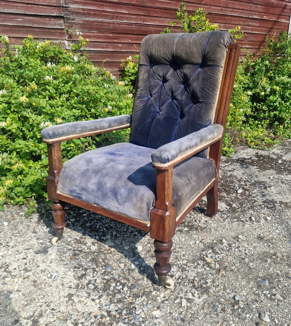 Good sized mid Victorian mahogany framed library armchair.  View VIII