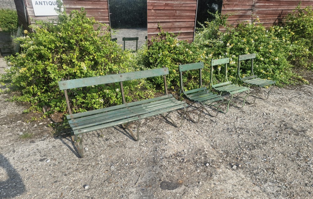 Edwardian garden seat and 3 chairs. 