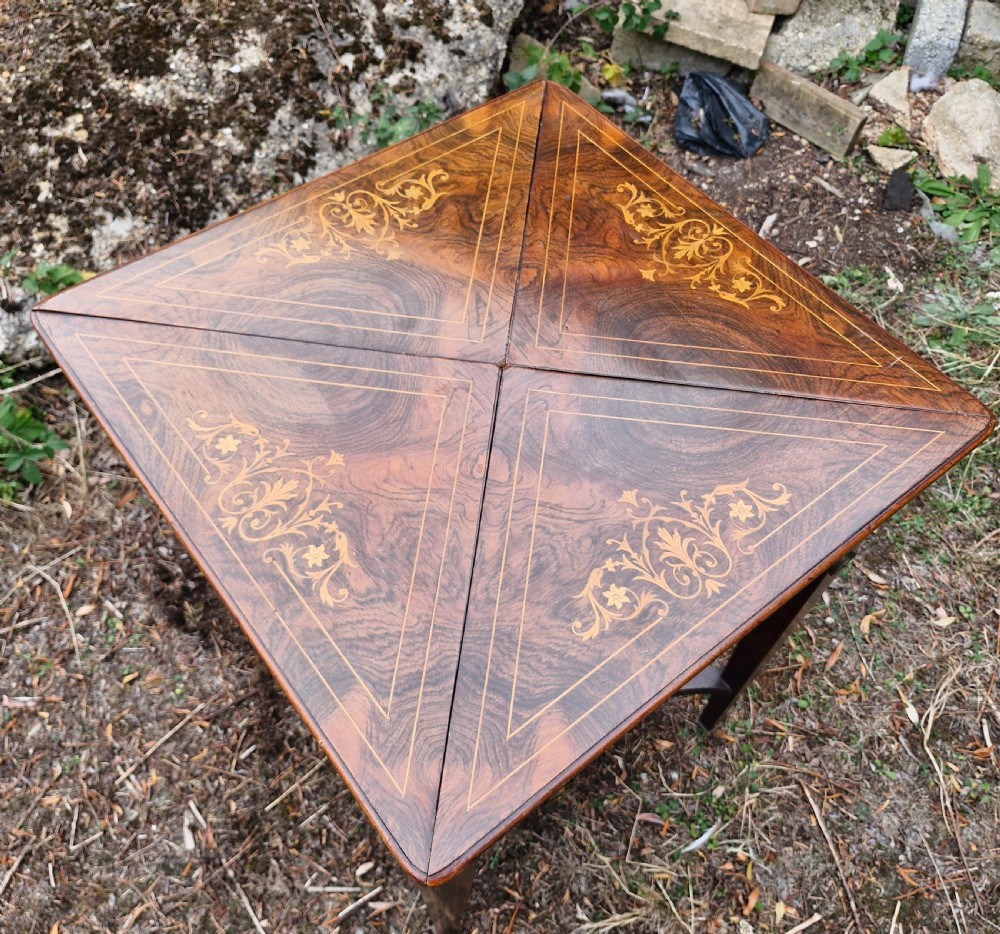 Edwardian inlaid rosewood envelope games table.  View III
