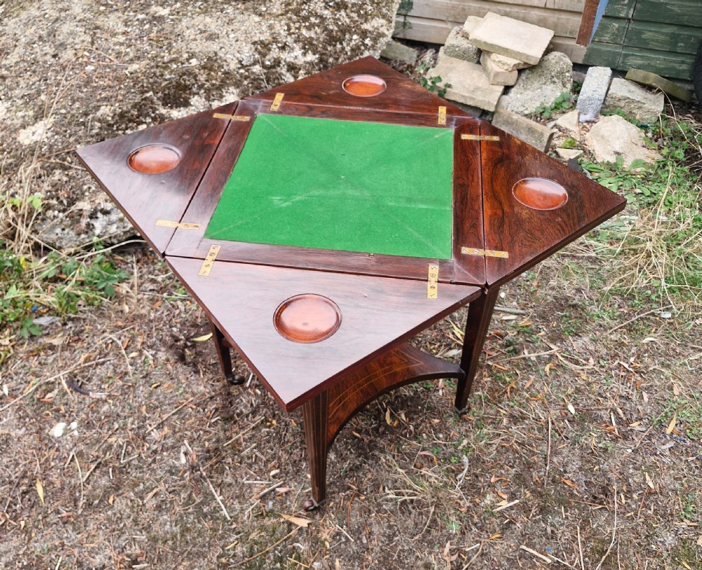 Edwardian inlaid rosewood envelope games table.  View V