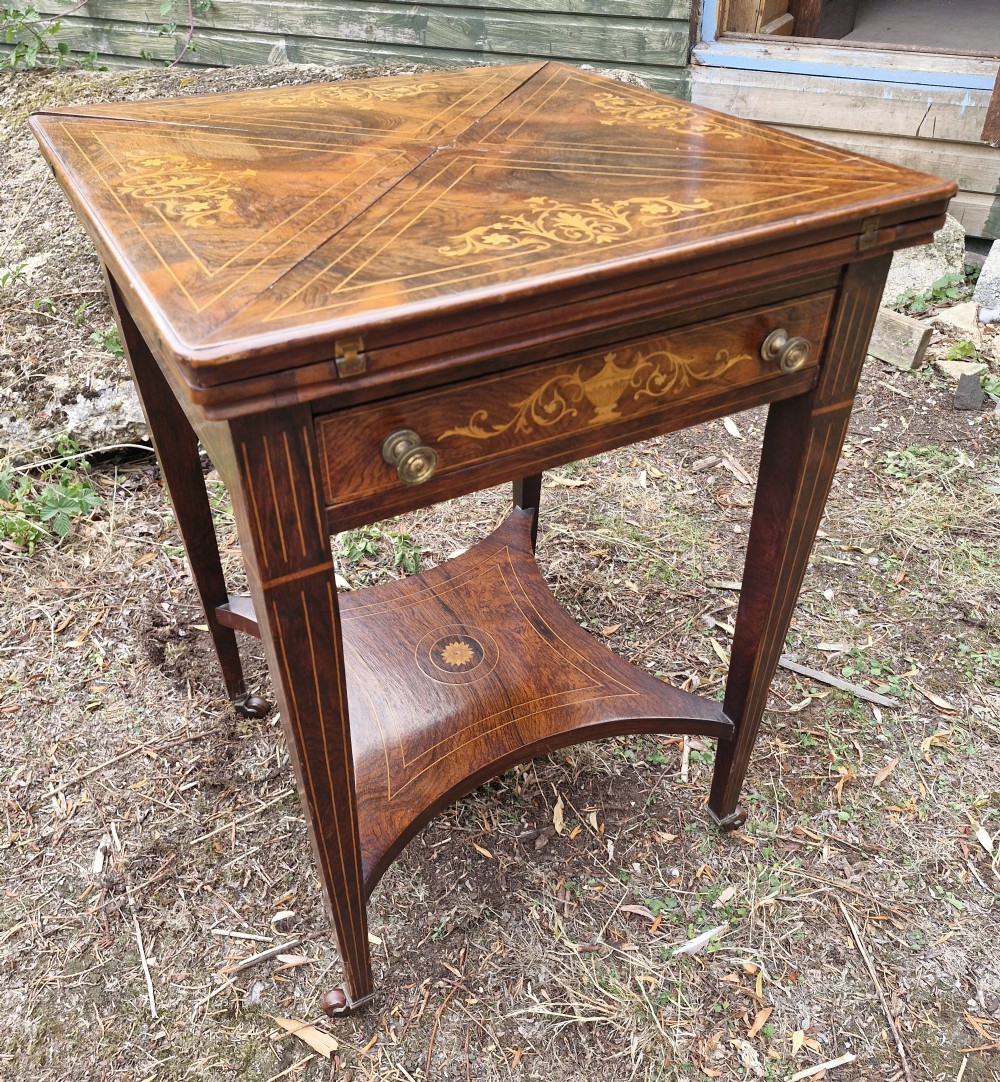 Edwardian inlaid rosewood envelope games table.  View VIII