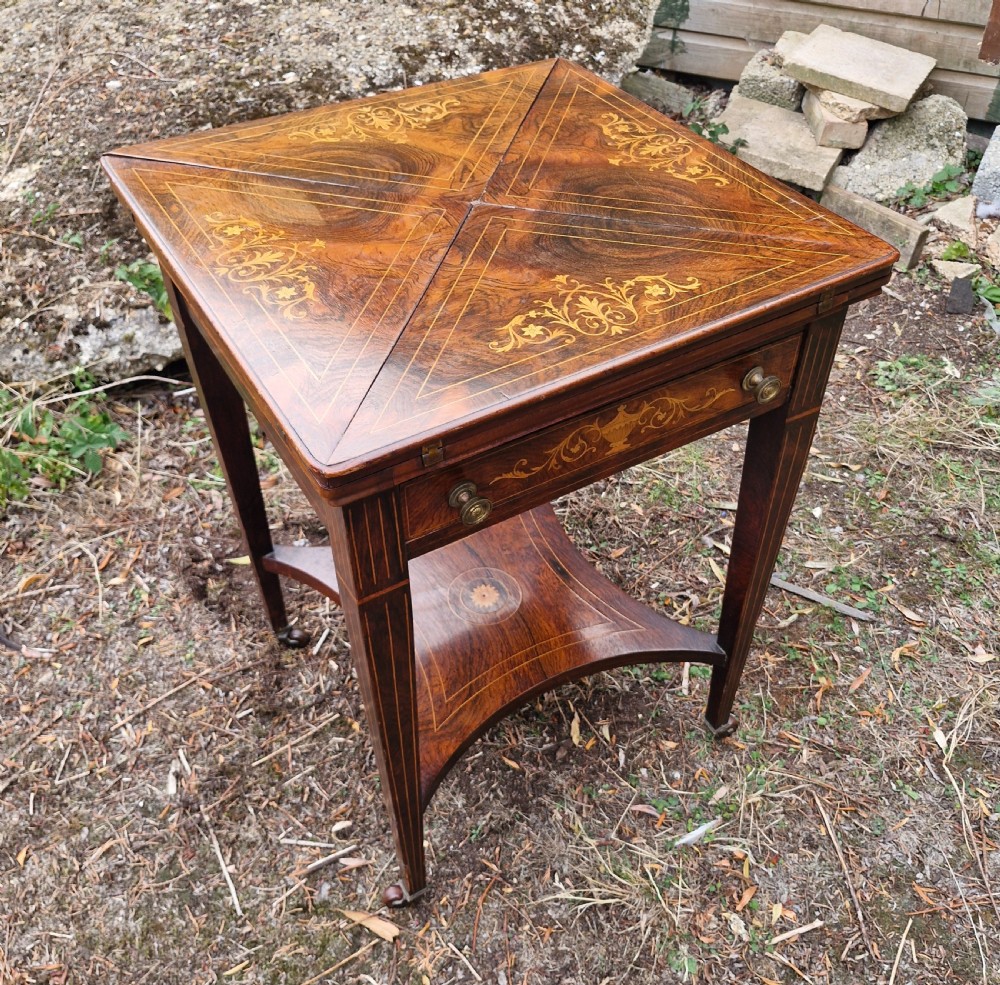 Edwardian inlaid rosewood envelope games table.  View X