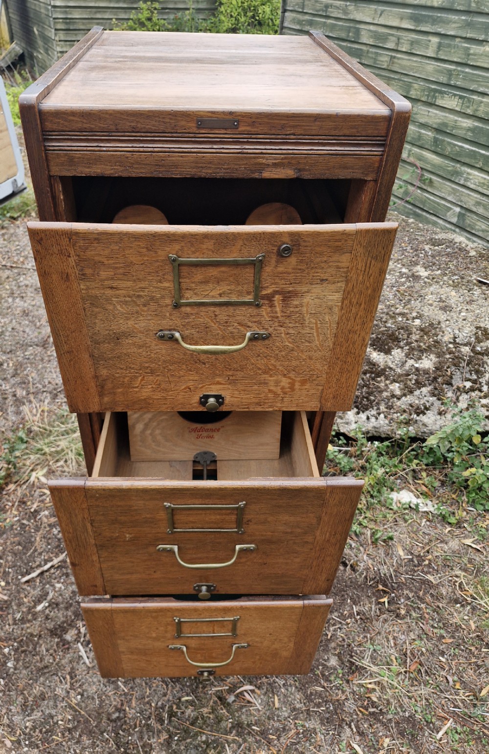 Panelled oak 4 drawer filing cabinet.  View II