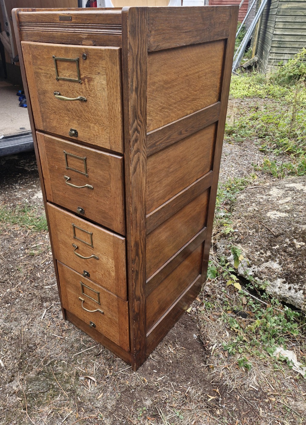 Panelled oak 4 drawer filing cabinet.  View V