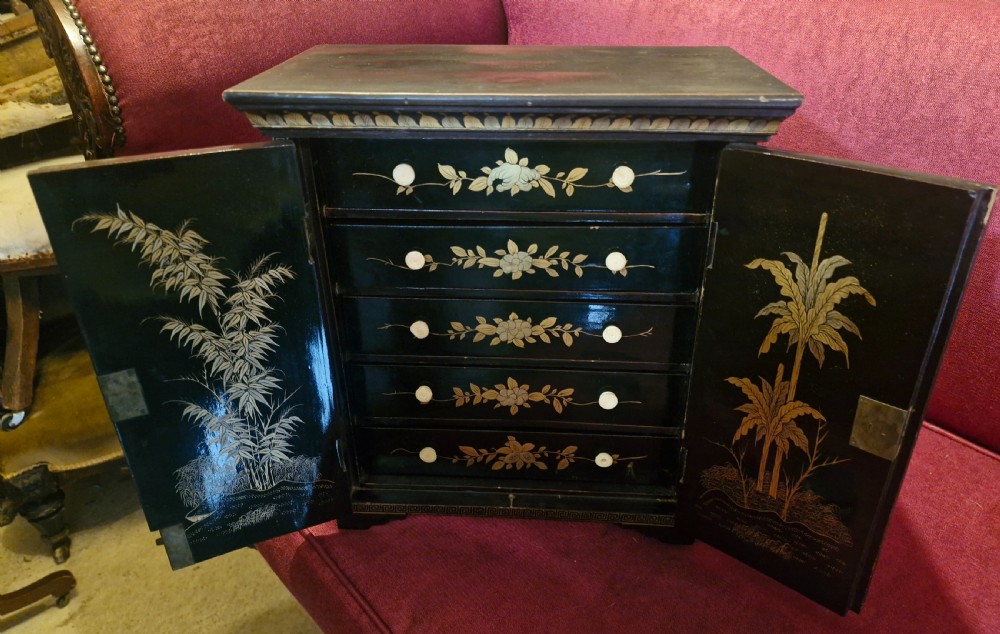 Chinese lacquered table top jewellery cabinet.  View VII