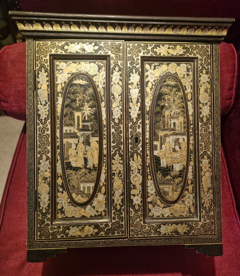 Chinese lacquered table top jewellery cabinet.  View IX