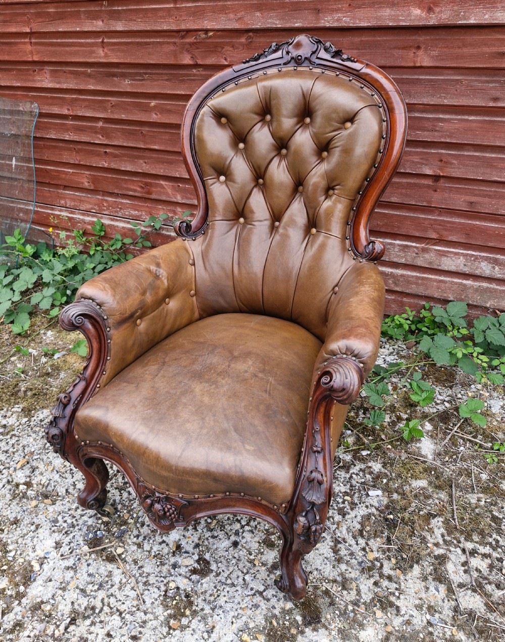 Large mahogany framed leather upholstered library armchair. 