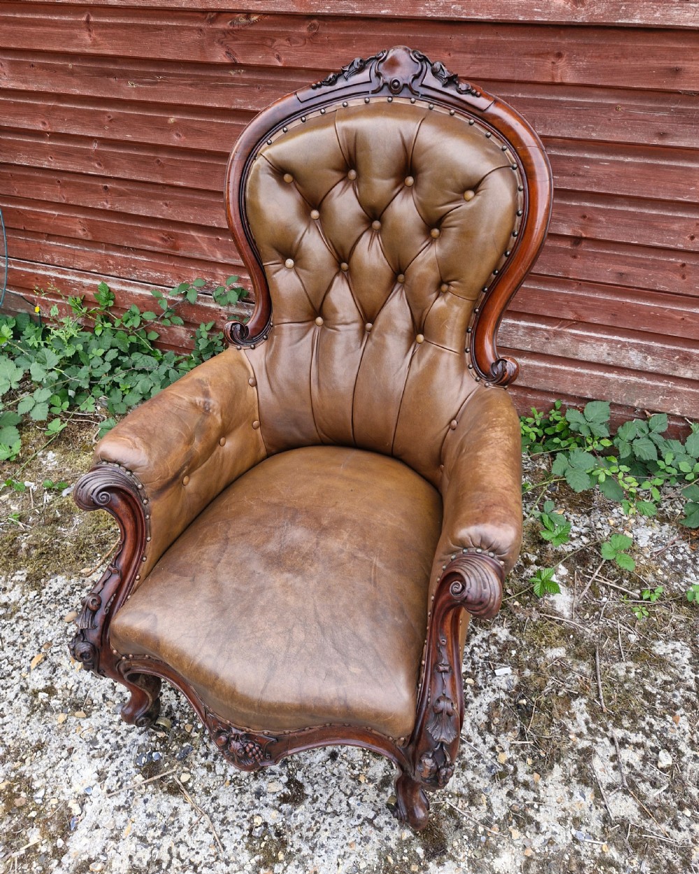 Large mahogany framed leather upholstered library armchair.  View III