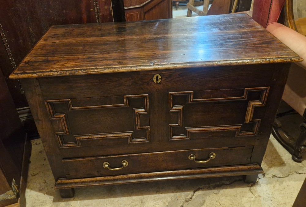 A Georgian dark oak mule chest featuring geometric mouldings on two front panels and a lower drawer with brass handles.