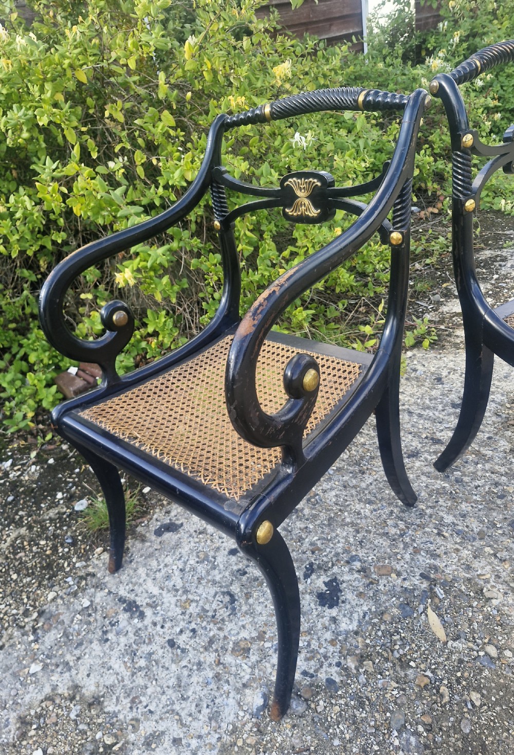 19th century ebonised gilt metal mounted sabre leg armchair plus matching single chair.  View VI