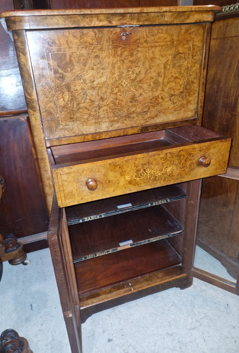 Victorian walnut music cabinet.  View II