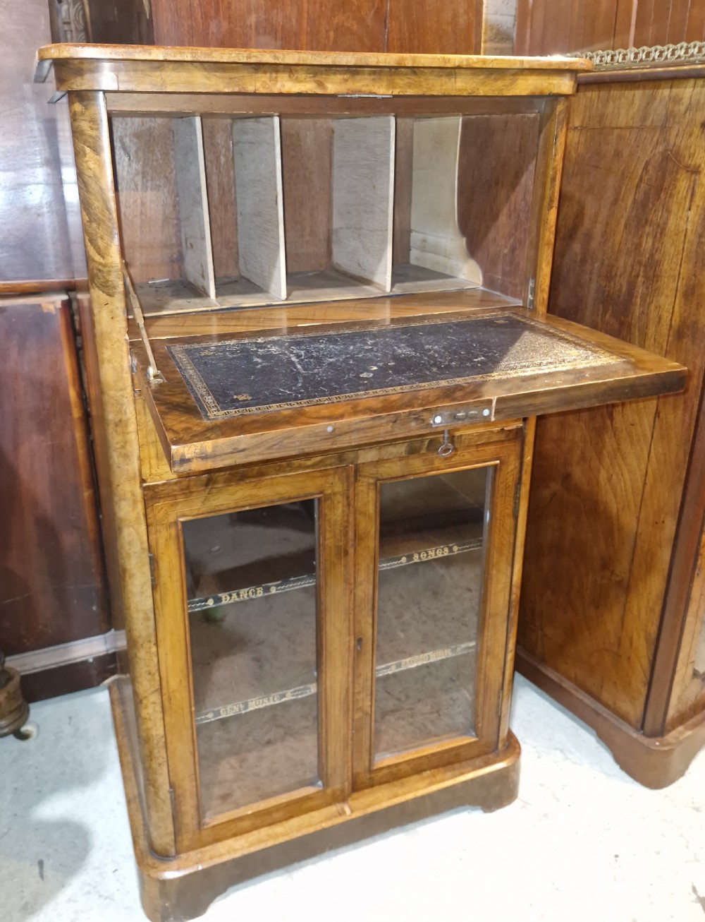 Victorian walnut music cabinet.  View III