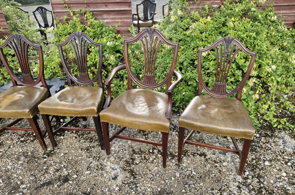 A set of eight mahogany dining chairs with carved shield backrests and leather seats positioned in a line. View VI