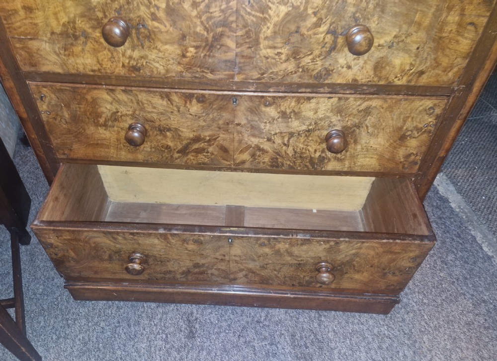 Victorian burr walnut and mahogany chest of drawers.  View VI