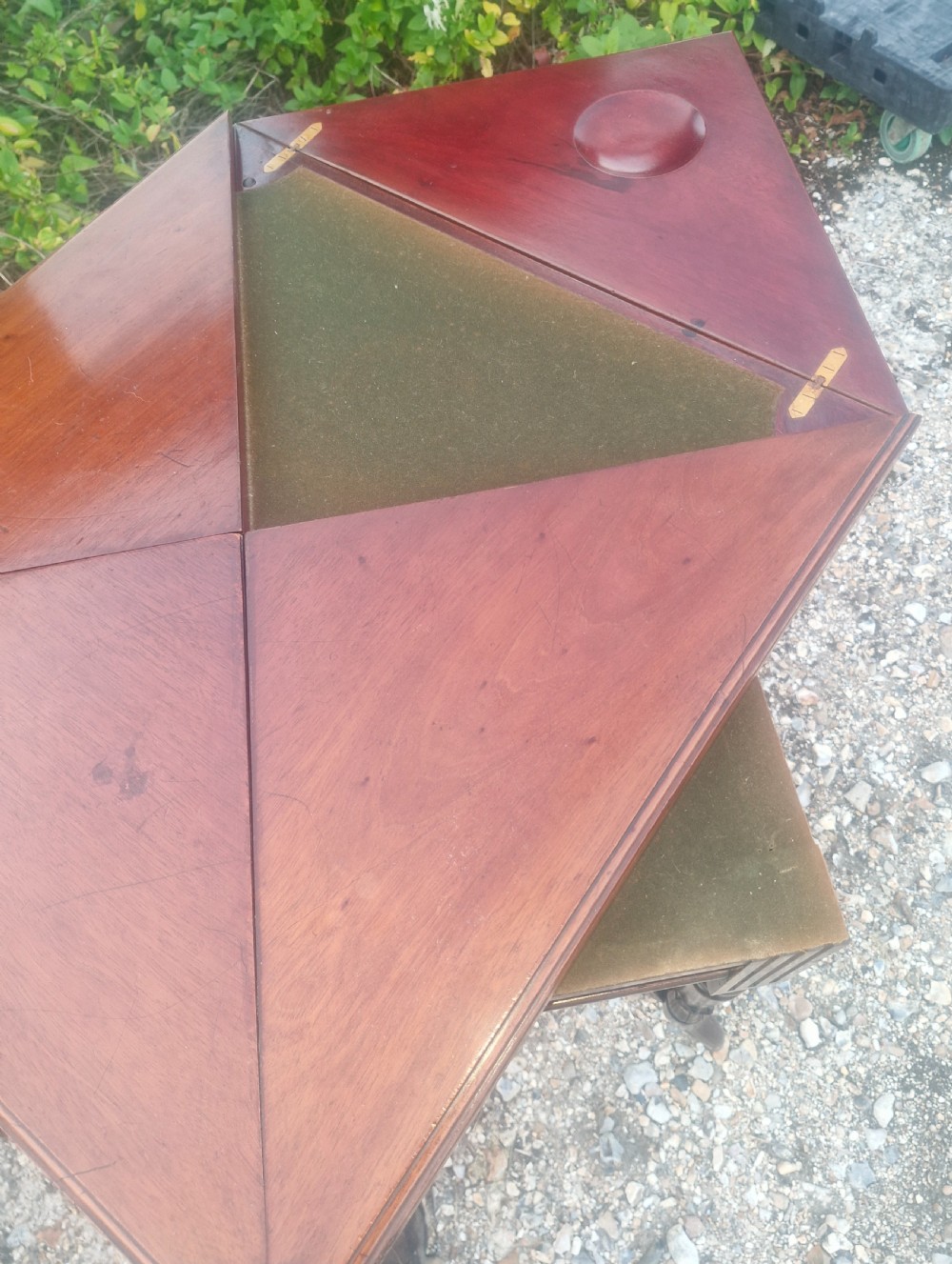 Edwardian mahogany envelope games table stamped Maples. View VI