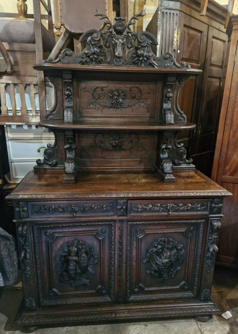 19th century carved oak hunting side cabinet 