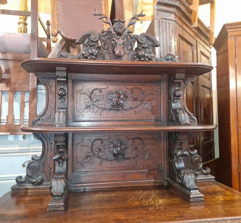 19th century carved oak hunting side cabinet  View II