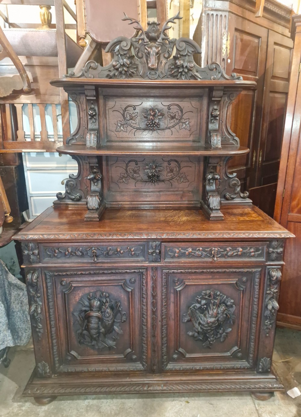 19th century carved oak hunting side cabinet  View III