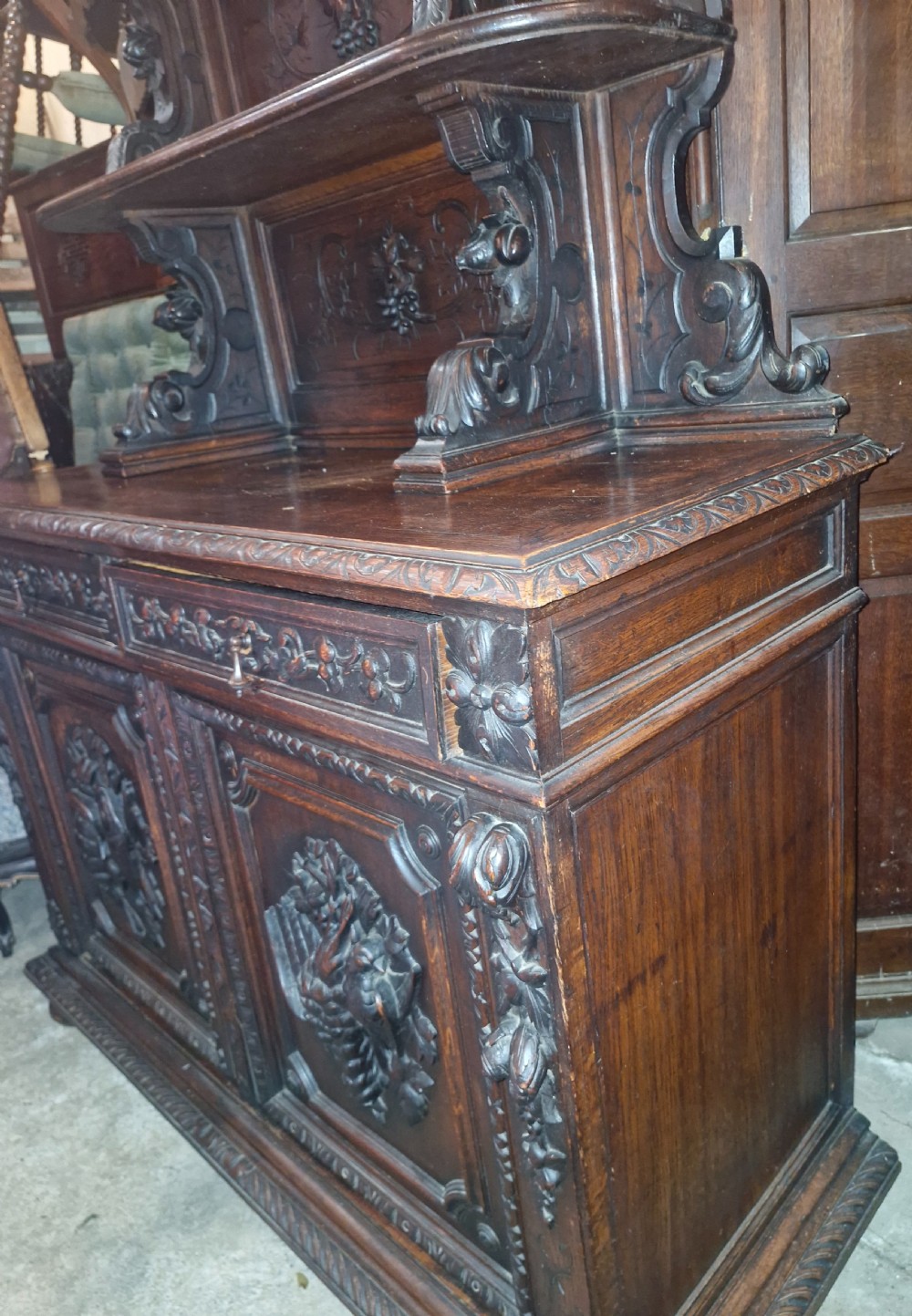 19th century carved oak hunting side cabinet  View IV