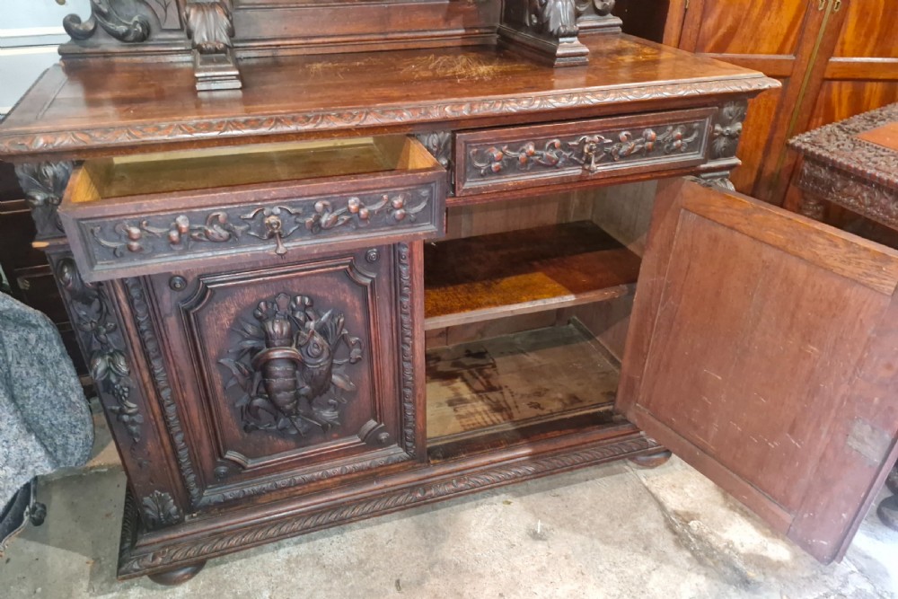 19th century carved oak hunting side cabinet  View V