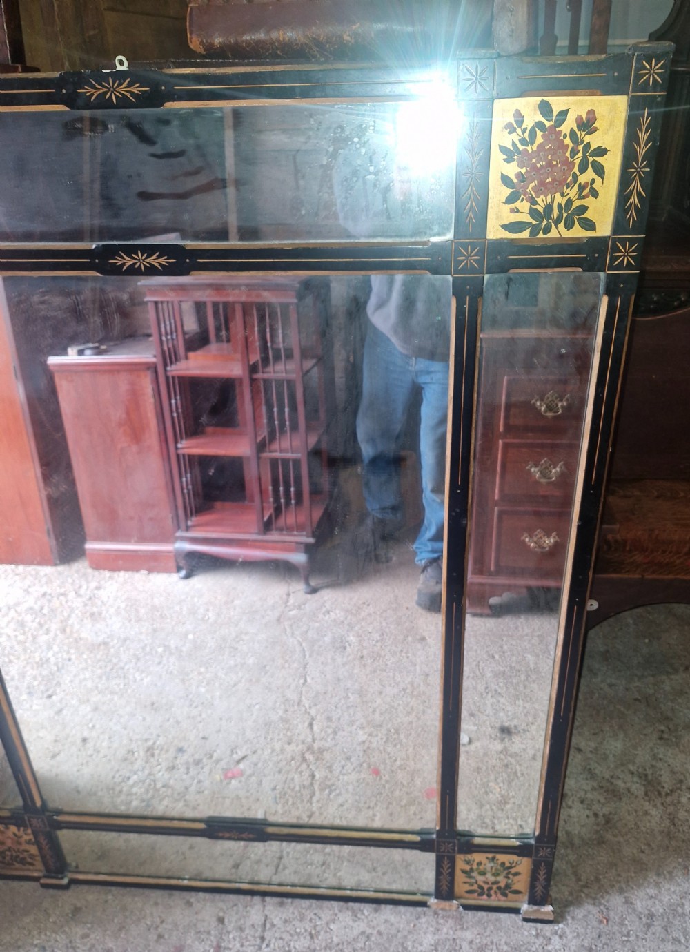 Victorian ebonised and decorated wall mirror.  View II
