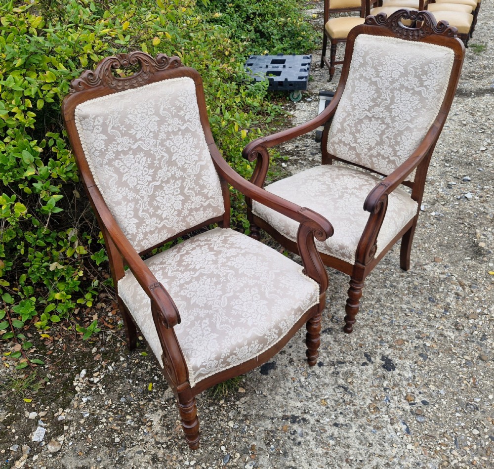Pair of mahogany framed upholstered armchairs.  View III
