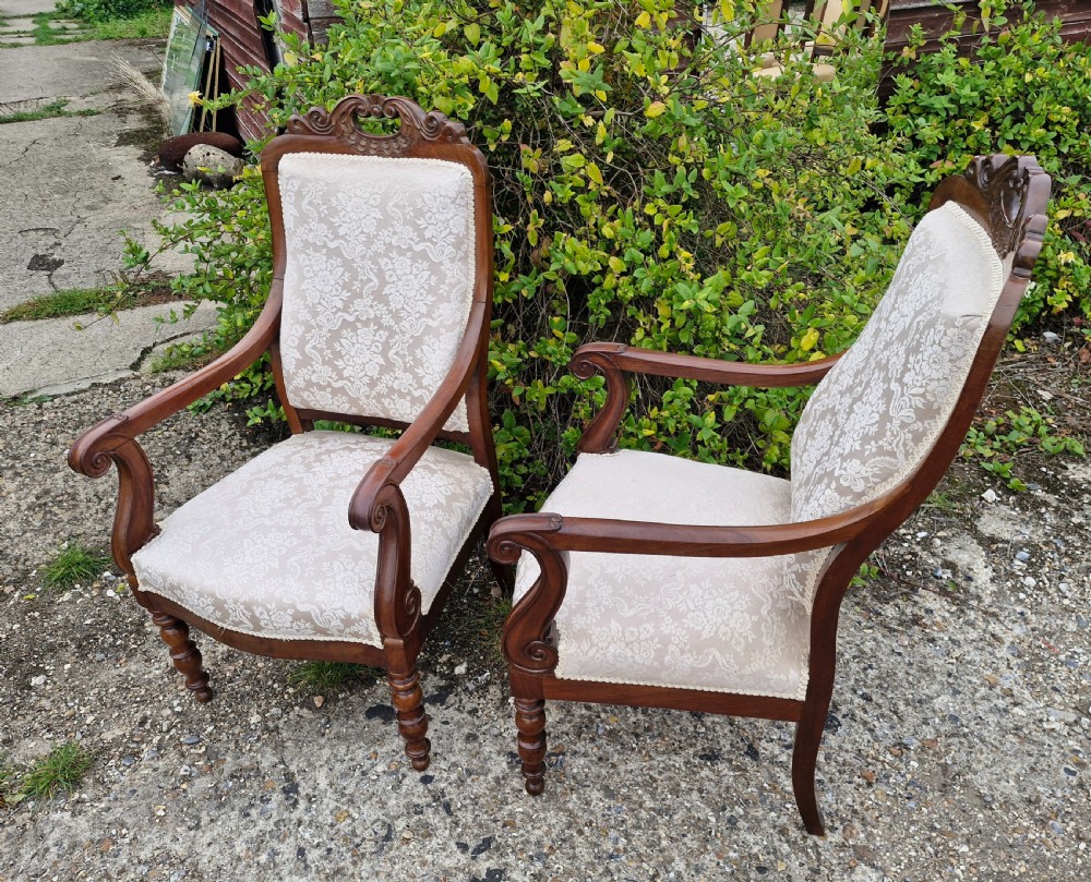 Pair of mahogany framed upholstered armchairs.  View IV
