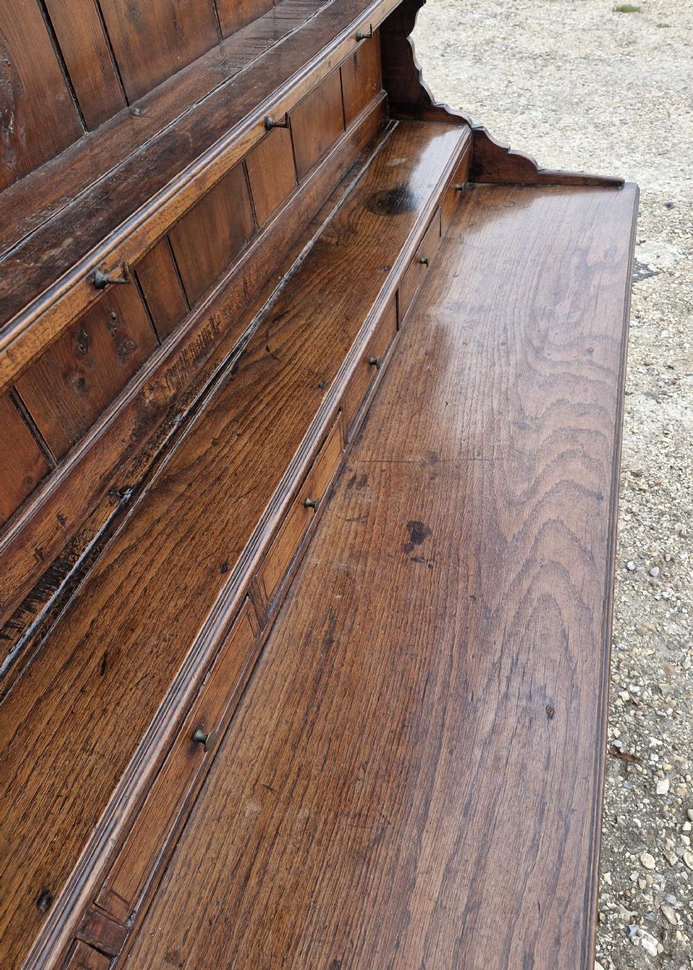 Early 19th century inlaid oak Welsh dresser.  View V