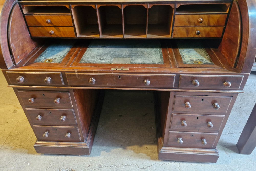 Mahogany free standing cylinder top pedestal desk.  View II