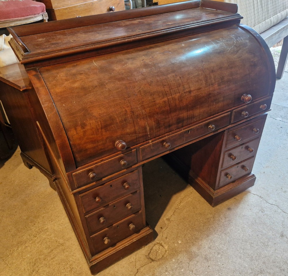 Mahogany free standing cylinder top pedestal desk.  View XI