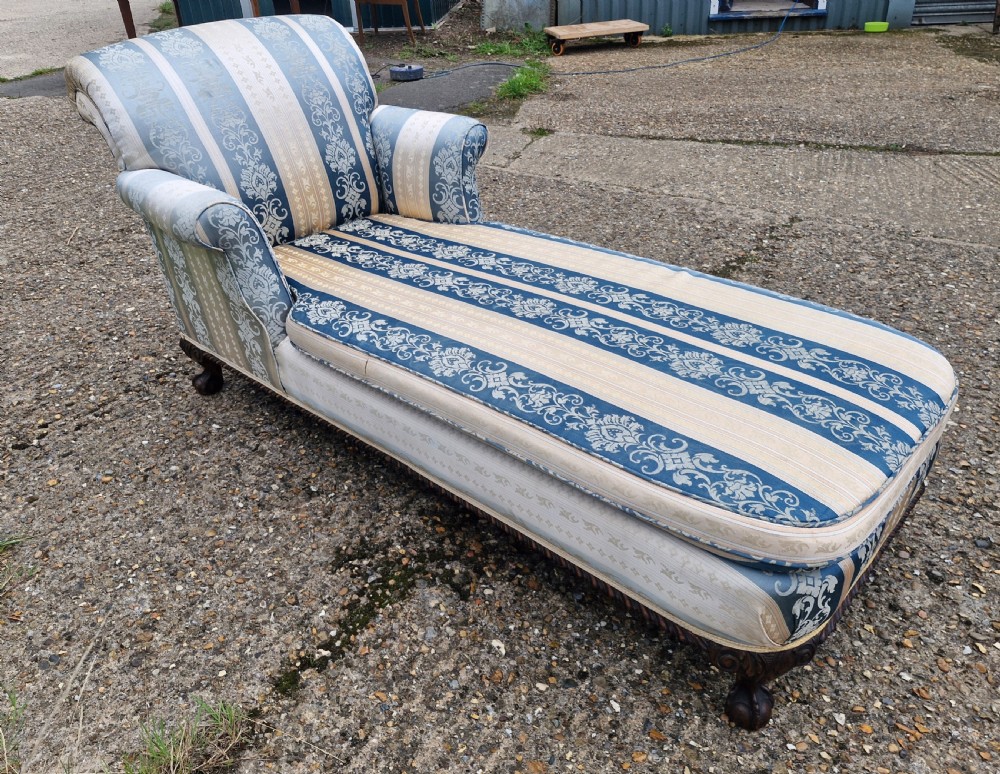 Edwardian carved Mahogany framed upholstered day bed. View IV