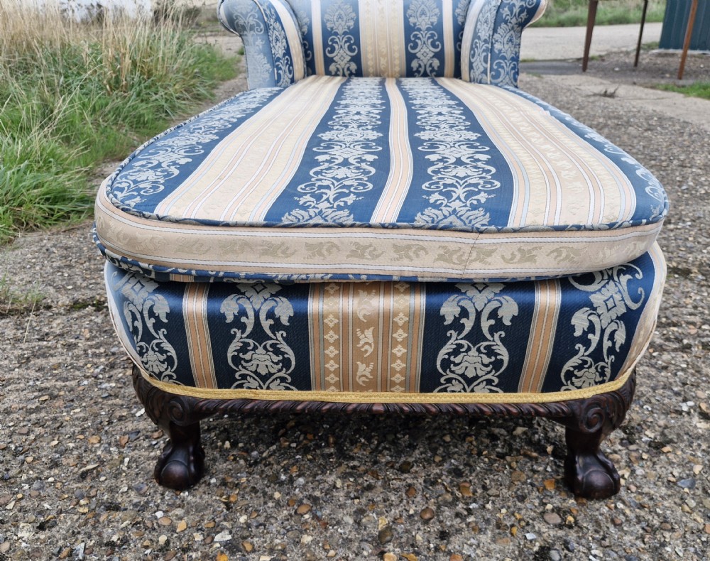 Edwardian carved Mahogany framed upholstered day bed. View X