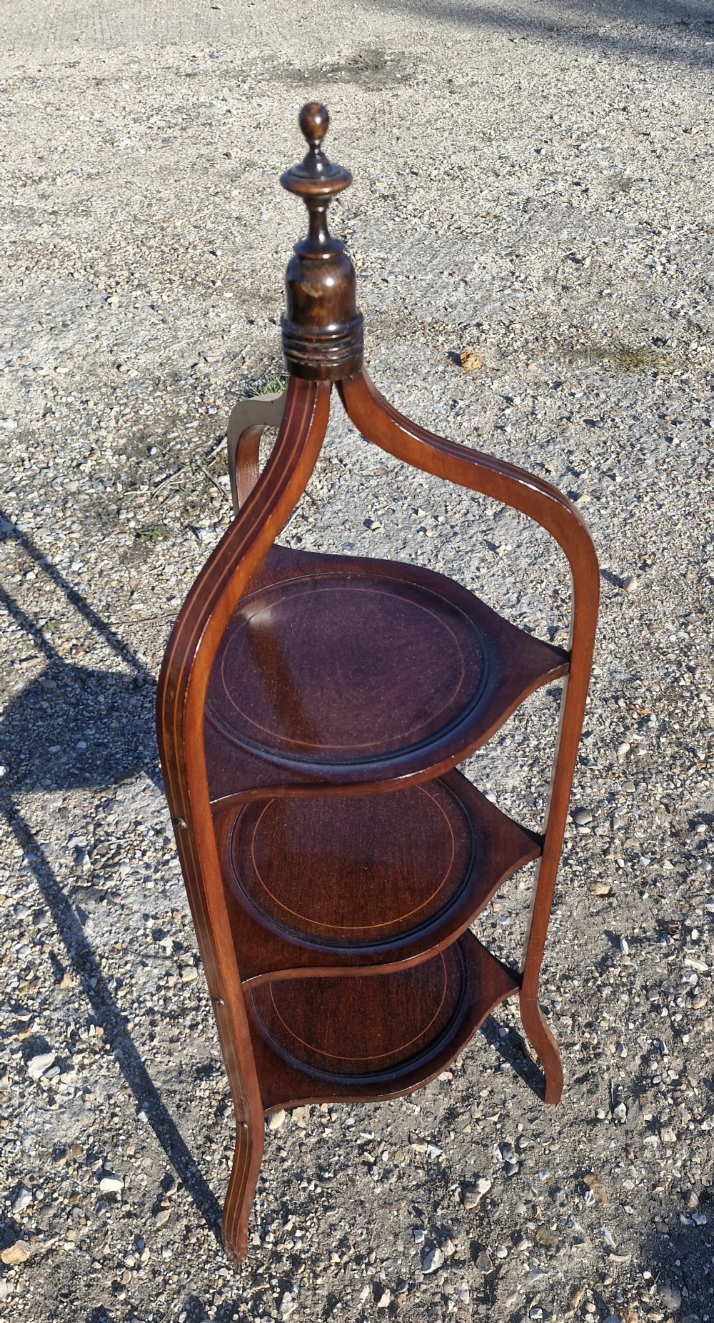 Edwardian inlaid mahogany 3 tier cake stand. 