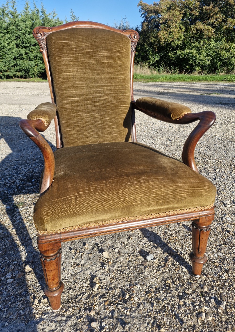 An Early Victorian rosewood armchair featuring olive green velvet upholstery, carved cresting rail, padded armrests, and turned front legs. View II