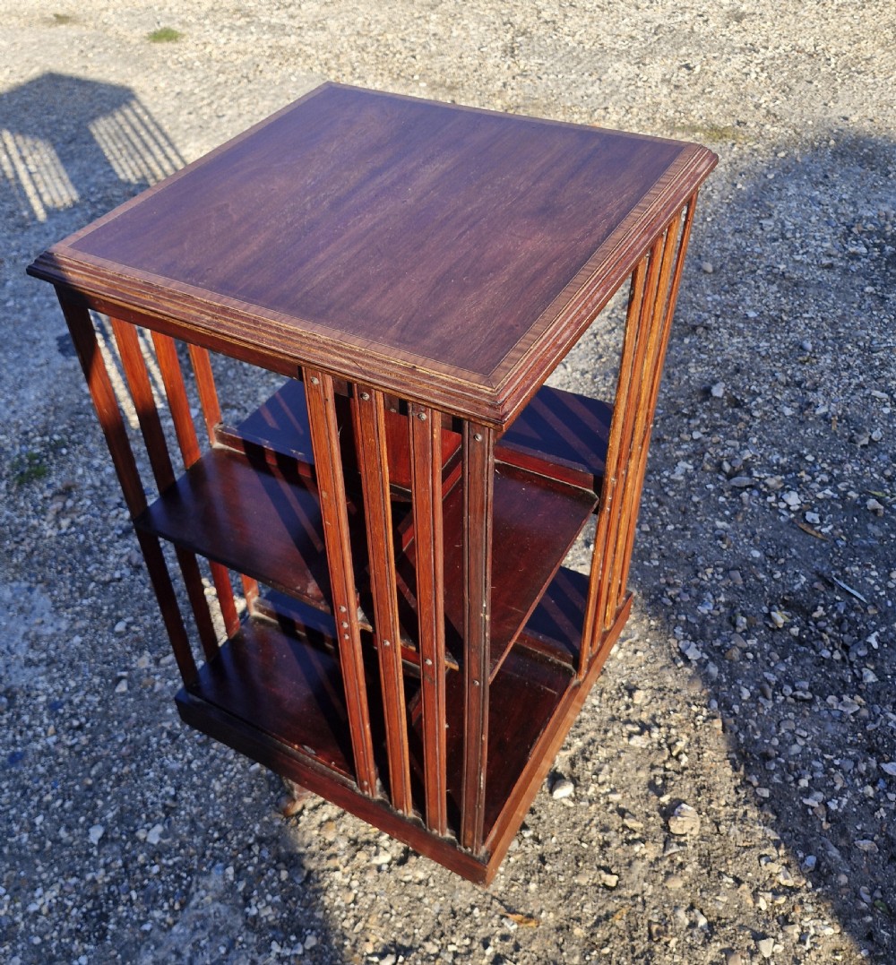 Edwardian inlaid mahogany revolving bookcase.  View III