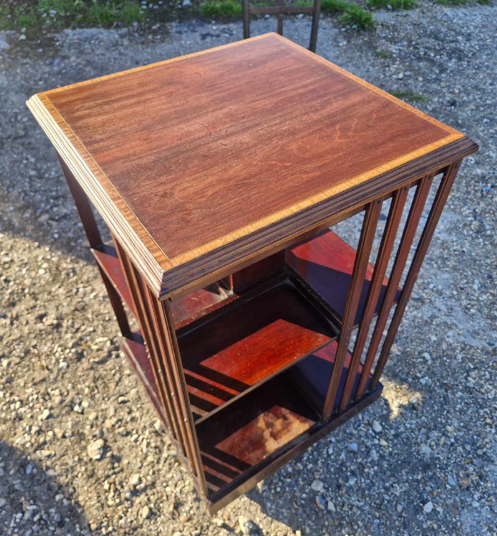 Edwardian inlaid mahogany revolving bookcase.  View IV