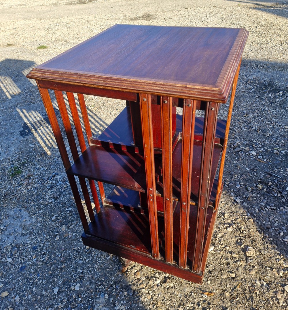 Edwardian inlaid mahogany revolving bookcase.  View V