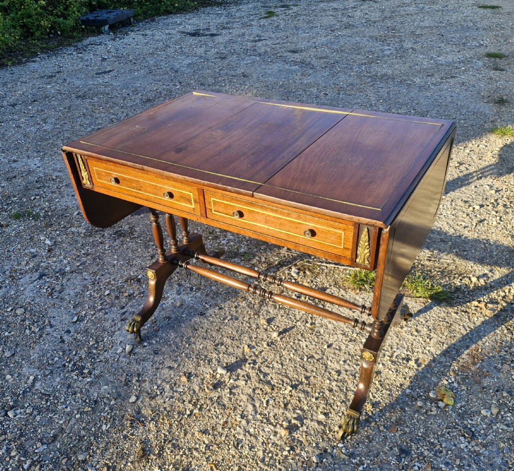 Early 20th century brass inlaid mahogany free standing sofa table.  View II