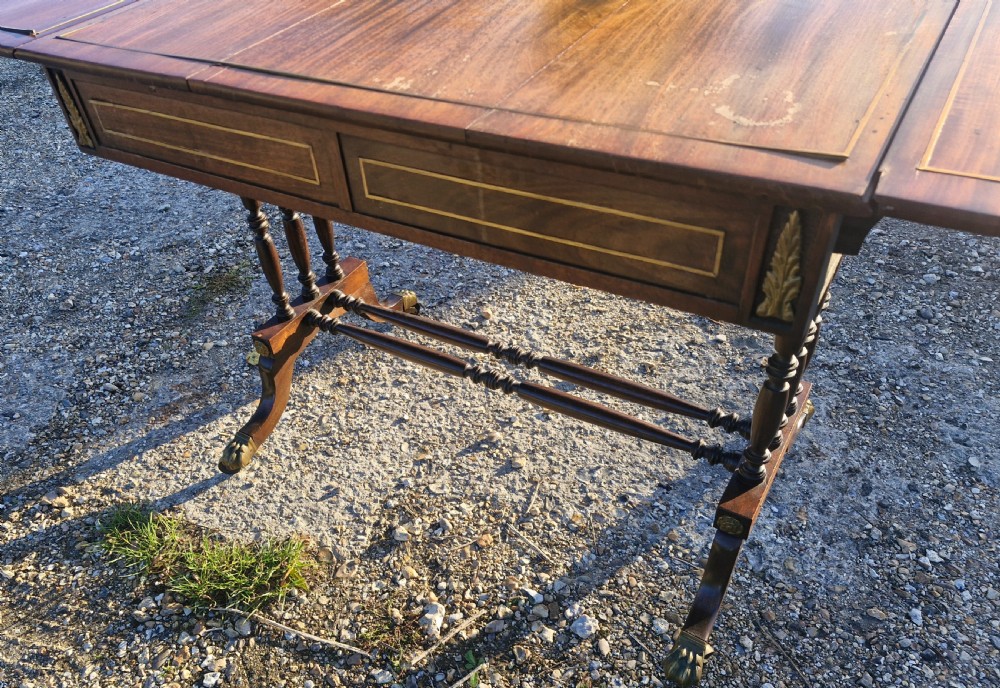 Early 20th century brass inlaid mahogany free standing sofa table.  View III