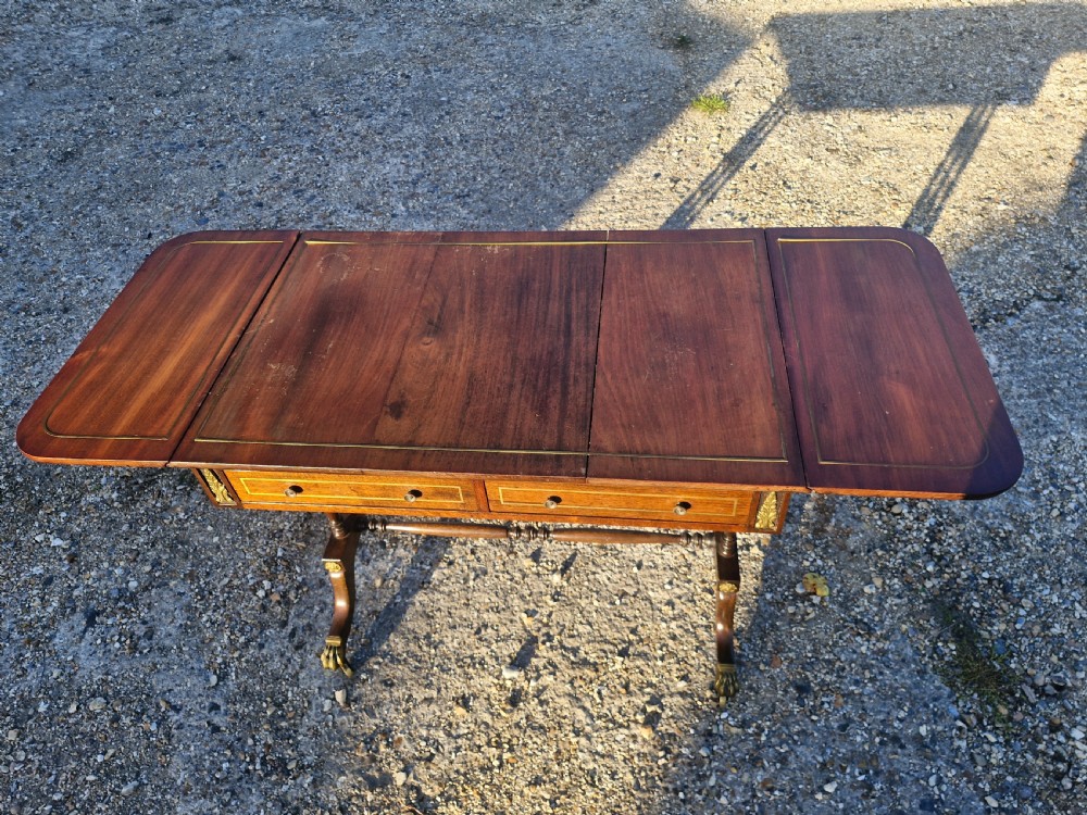 Early 20th century brass inlaid mahogany free standing sofa table.  View V