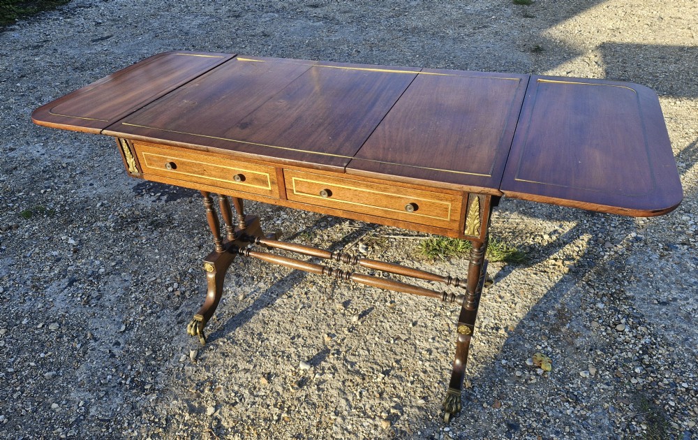 Early 20th century brass inlaid mahogany free standing sofa table.  View VI