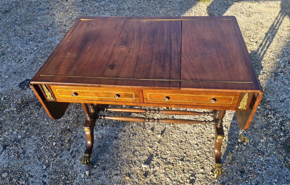 Early 20th century brass inlaid mahogany free standing sofa table.  View VII