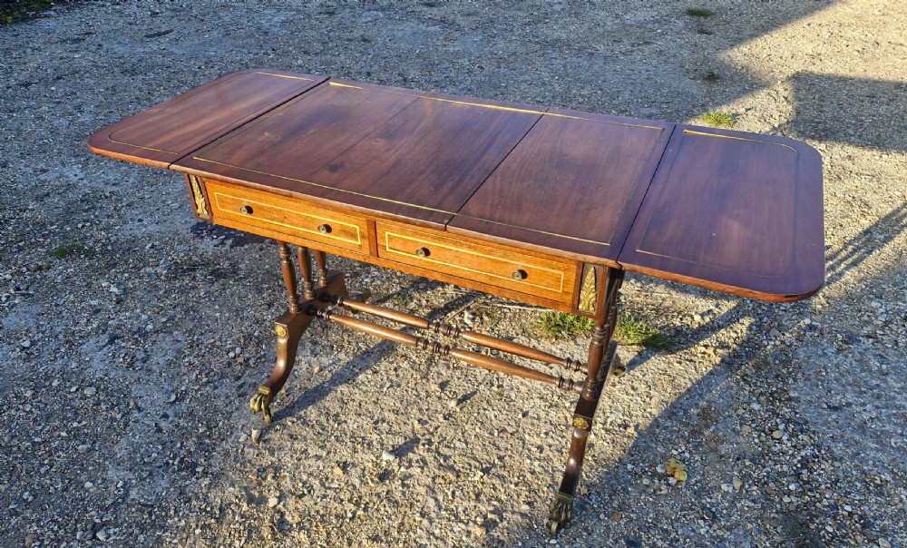 Early 20th century brass inlaid mahogany free standing sofa table.  View IX