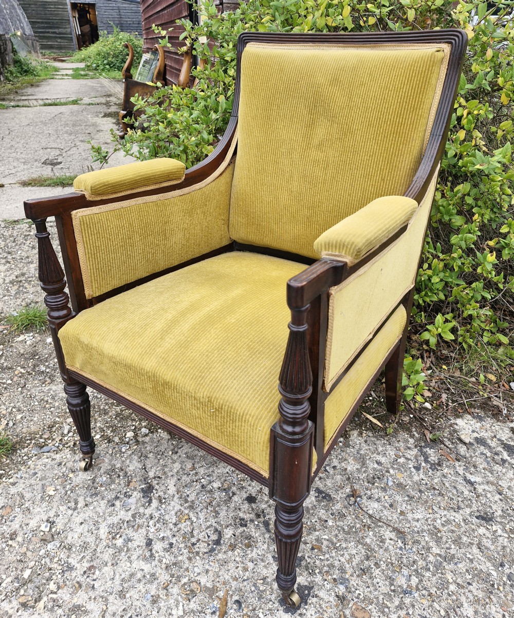 Late Victorian upholstered mahogany framed armchair in the Gillows manner.  View II