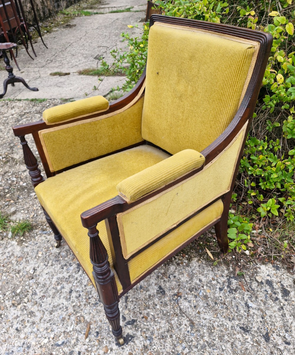 Late Victorian upholstered mahogany framed armchair in the Gillows manner.  View V