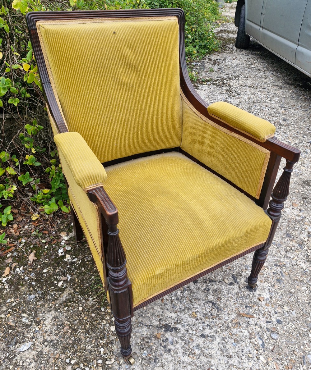 Late Victorian upholstered mahogany framed armchair in the Gillows manner.  View VI