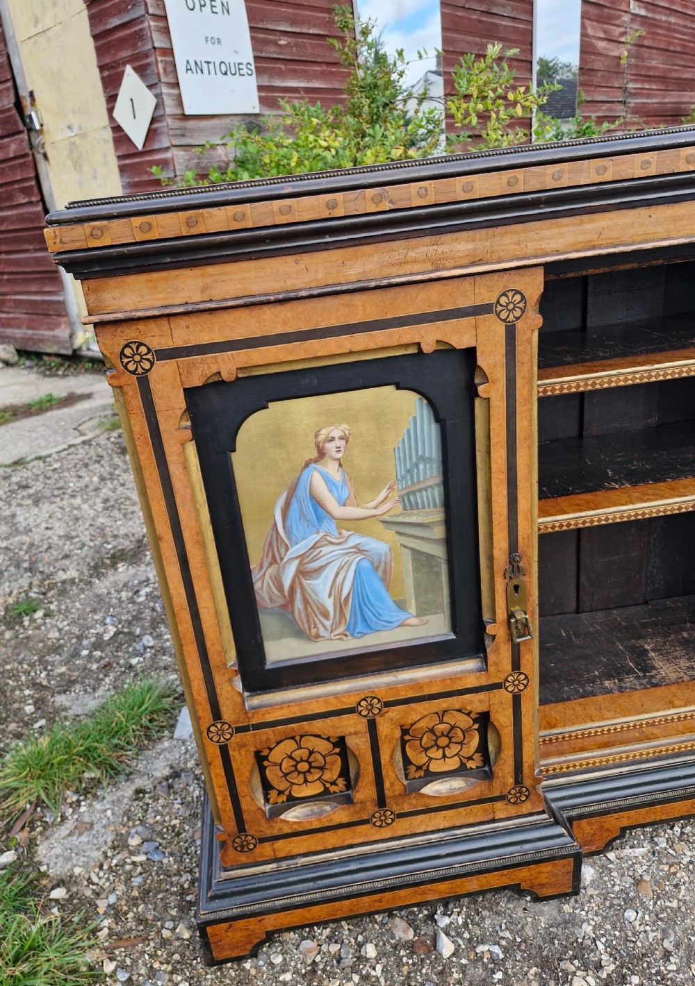 Good Victorian inlaid side cabinet with painted panels. View II