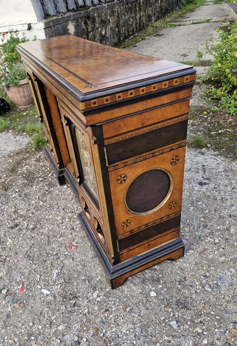 Good Victorian inlaid side cabinet with painted panels. View VI